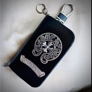 Chrome Hearts Black Leather Key Pouch with Silver Emblem